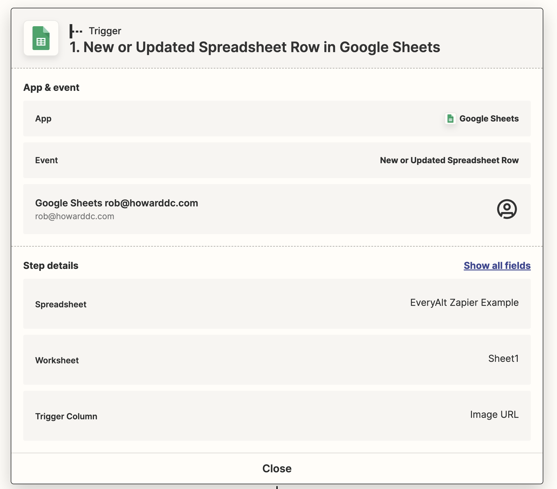 Zapier Screenshot: Trigger 1. New or Updated Spreadsheet Row in Google Sheets