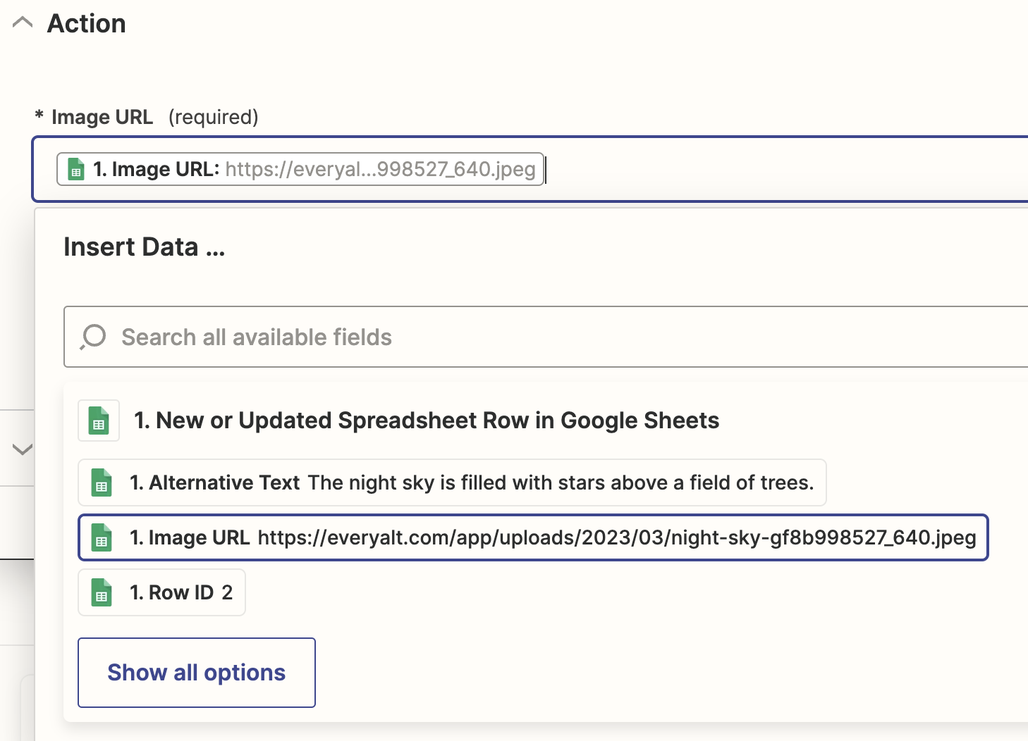 Zapier Screenshot: Adding an Image URL to the Action