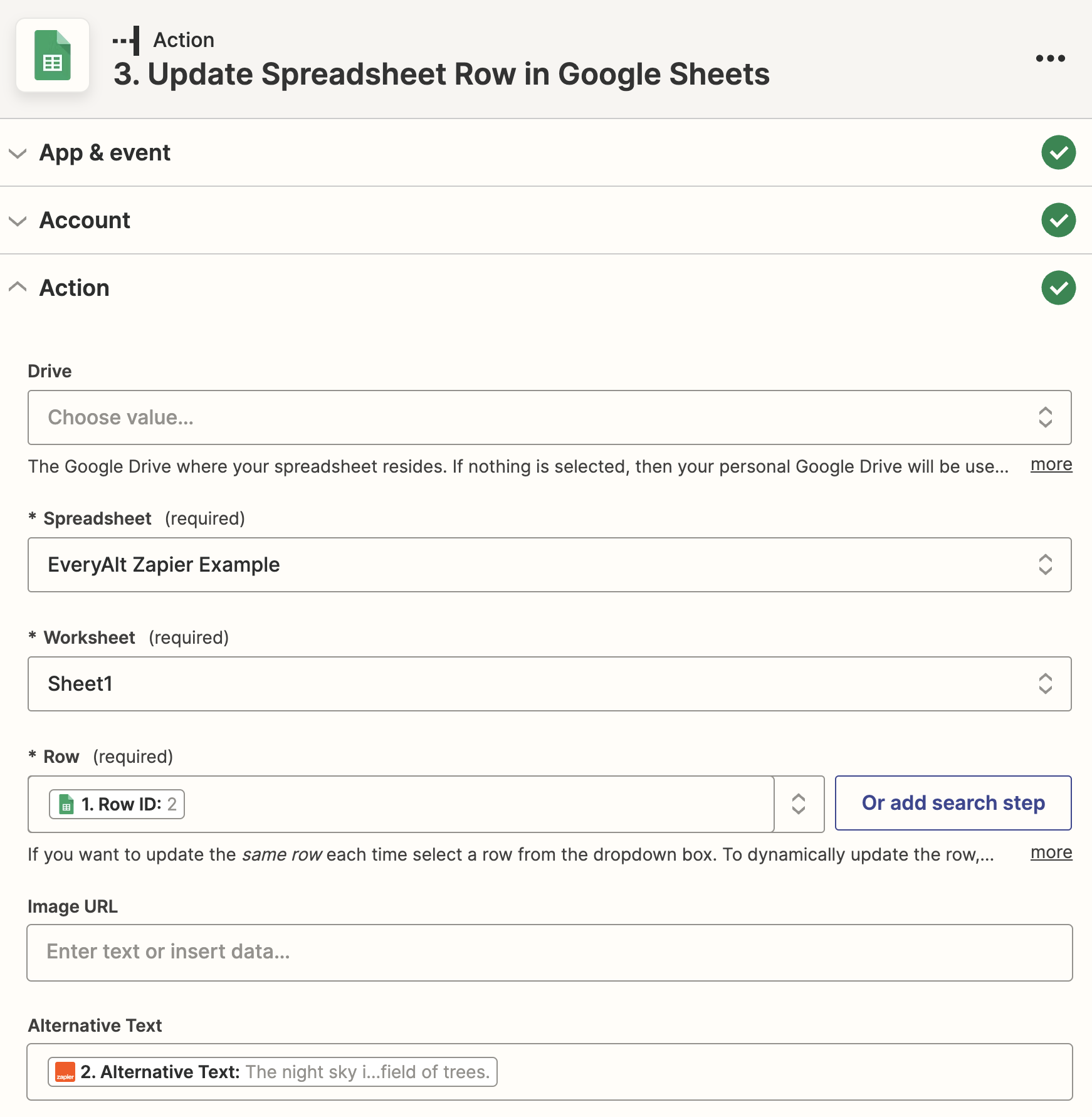 Zapier Screenshot: Update Spreadsheet Row in Google Sheets