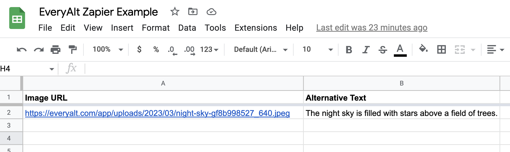 EveryAlt Zapier Example from Google Sheets; a spreadsheet with two columns