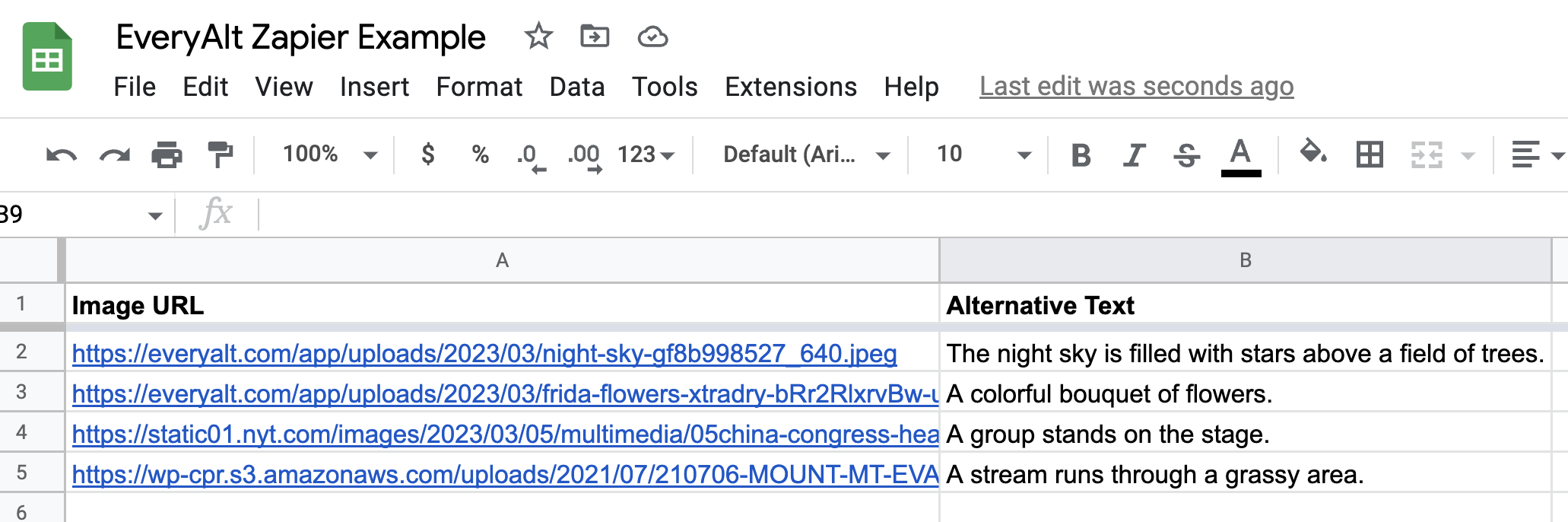 EveryAlt Zapier Example: Spreadsheet with alt text added